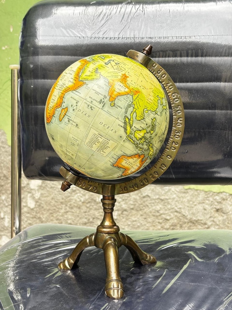 Vintage Brass Globe with Polished Three-Legged Stand and Brass Meridian Ring view 2