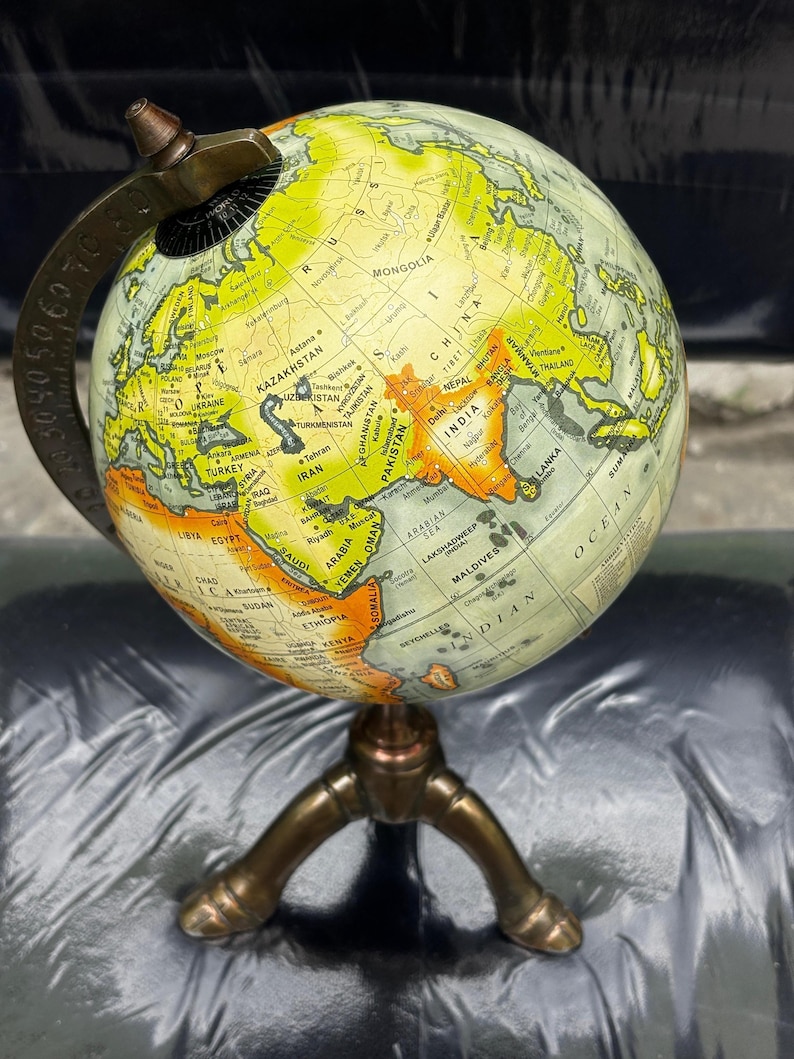 Vintage Brass Globe with Polished Three-Legged Stand and Brass Meridian Ring view 3