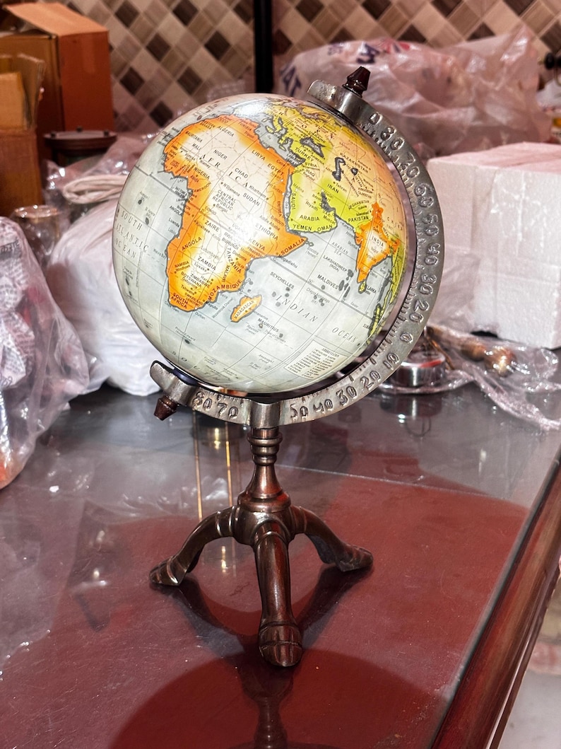 Vintage Brass Globe with Polished Three-Legged Stand and Brass Meridian Ring view 4