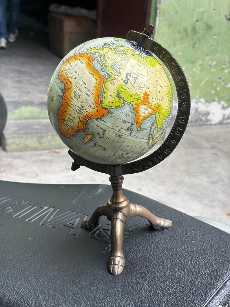 Vintage Brass Globe with Polished Three-Legged Stand and Brass Meridian Ring view 5