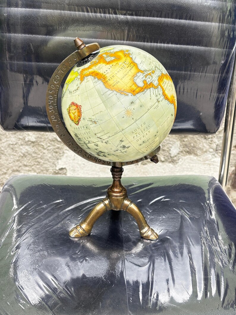 Vintage Brass Globe with Polished Three-Legged Stand and Brass Meridian Ring view 8