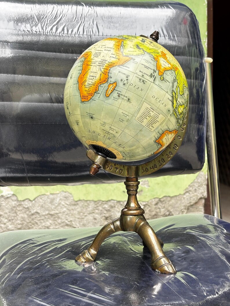 Vintage Brass Globe with Polished Three-Legged Stand and Brass Meridian Ring view 9