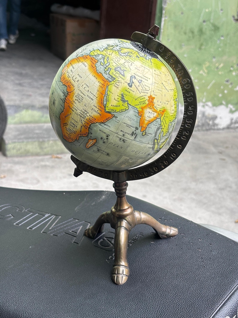 Vintage Brass Globe with Polished Three-Legged Stand and Brass Meridian Ring view 10