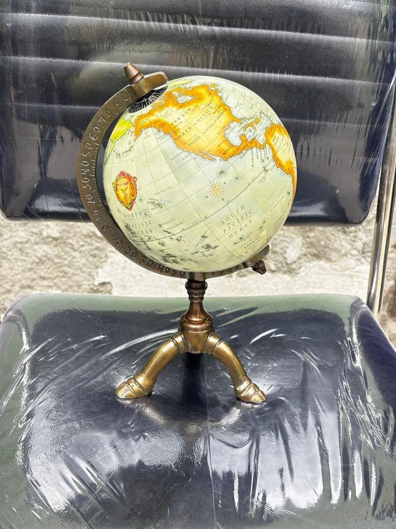 Vintage Brass Globe with Polished Three-Legged Stand and Brass Meridian Ring view 11