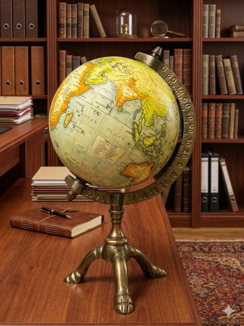 Vintage Brass Globe with Polished Three-Legged Stand and Brass Meridian Ring view 12