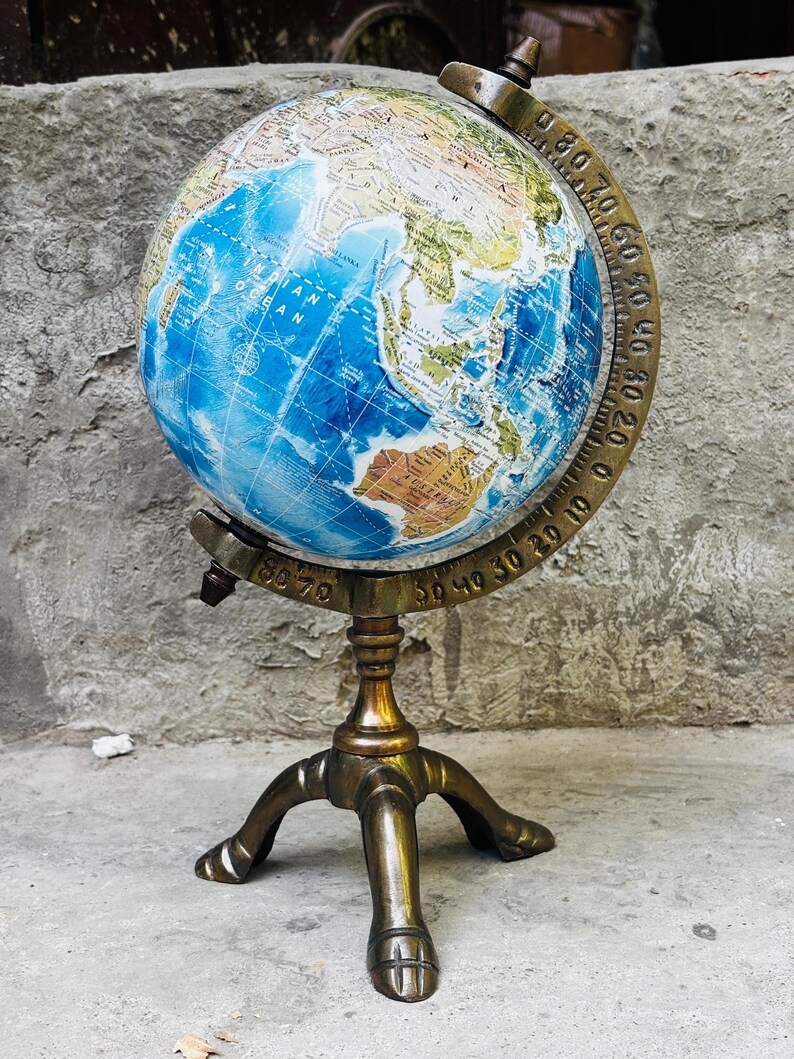 Vintage Antique Brass Globe with Brass Ring and Wooden Base view 2