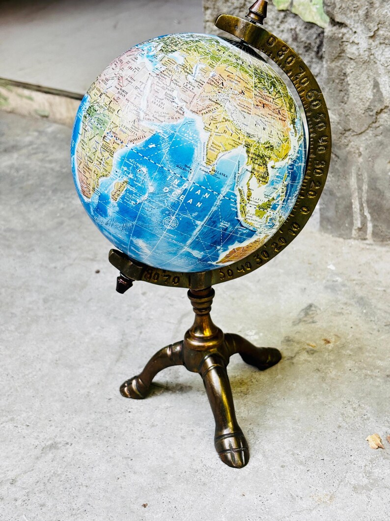 Vintage Antique Brass Globe with Brass Ring and Wooden Base view 3
