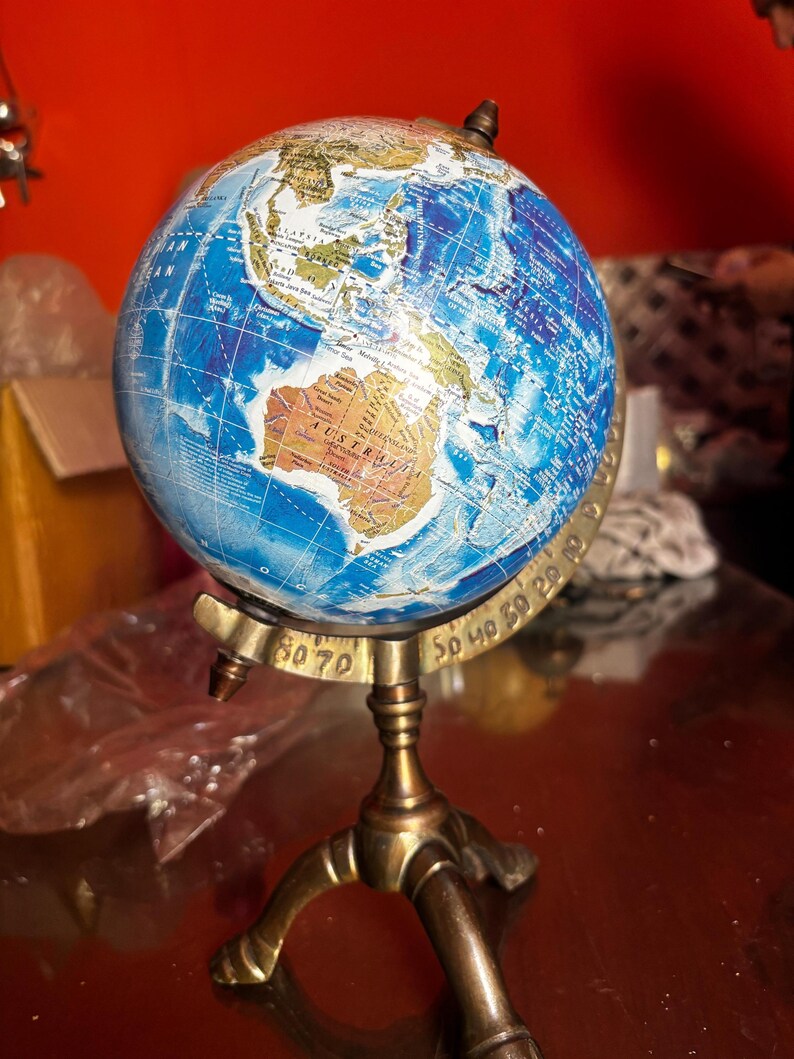 Vintage Antique Brass Globe with Brass Ring and Wooden Base view 5