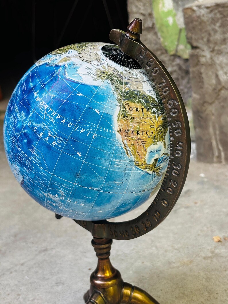 Vintage Antique Brass Globe with Brass Ring and Wooden Base view 8