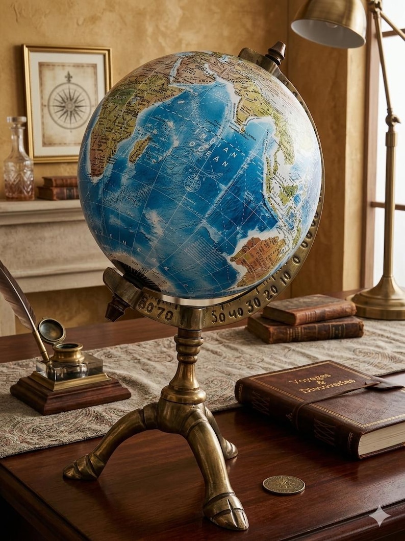 Vintage Antique Brass Globe with Brass Ring and Wooden Base view 9