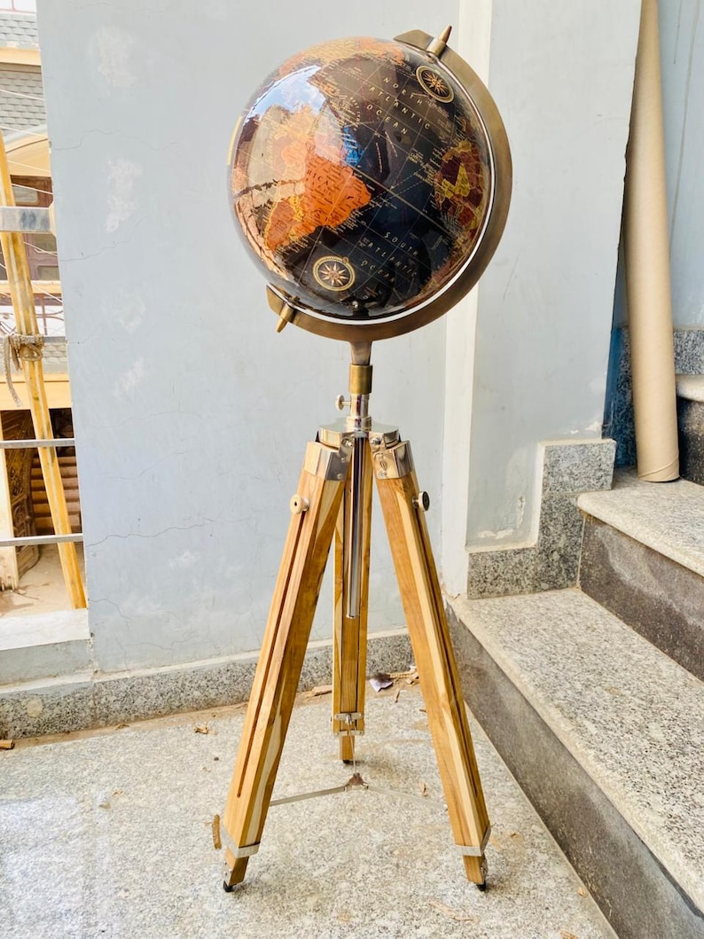 Large Dark Globe with Adjustable Wooden Tripod Stand and Brass Ring view 2
