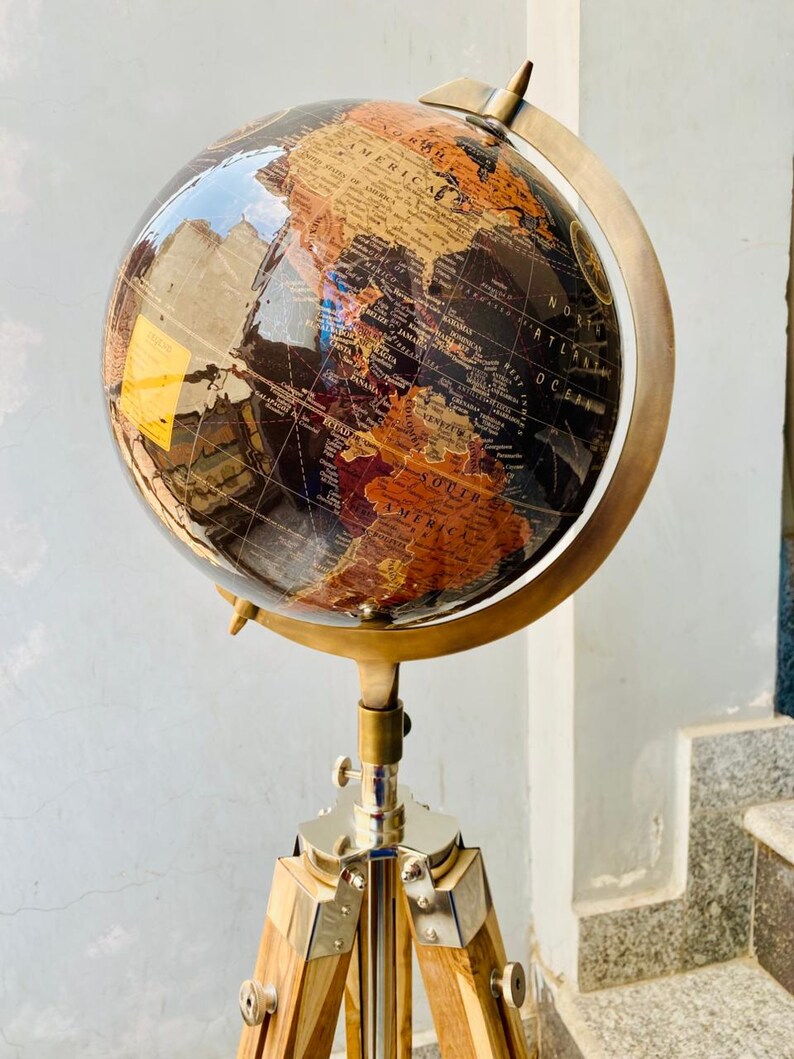 Large Dark Globe with Adjustable Wooden Tripod Stand and Brass Ring view 3