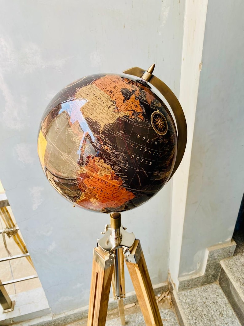 Large Dark Globe with Adjustable Wooden Tripod Stand and Brass Ring view 4