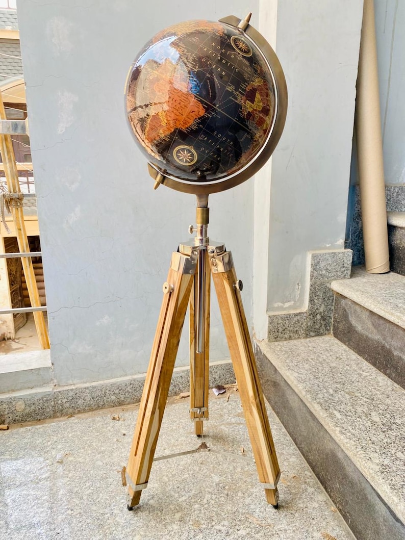 Large Dark Globe with Adjustable Wooden Tripod Stand and Brass Ring view 5