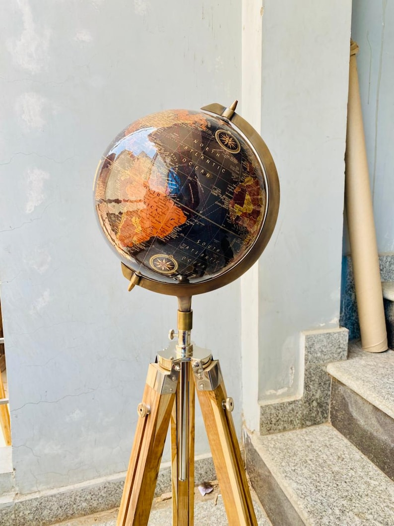 Large Dark Globe with Adjustable Wooden Tripod Stand and Brass Ring view 6