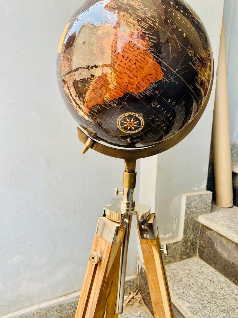 Large Dark Globe with Adjustable Wooden Tripod Stand and Brass Ring view 7
