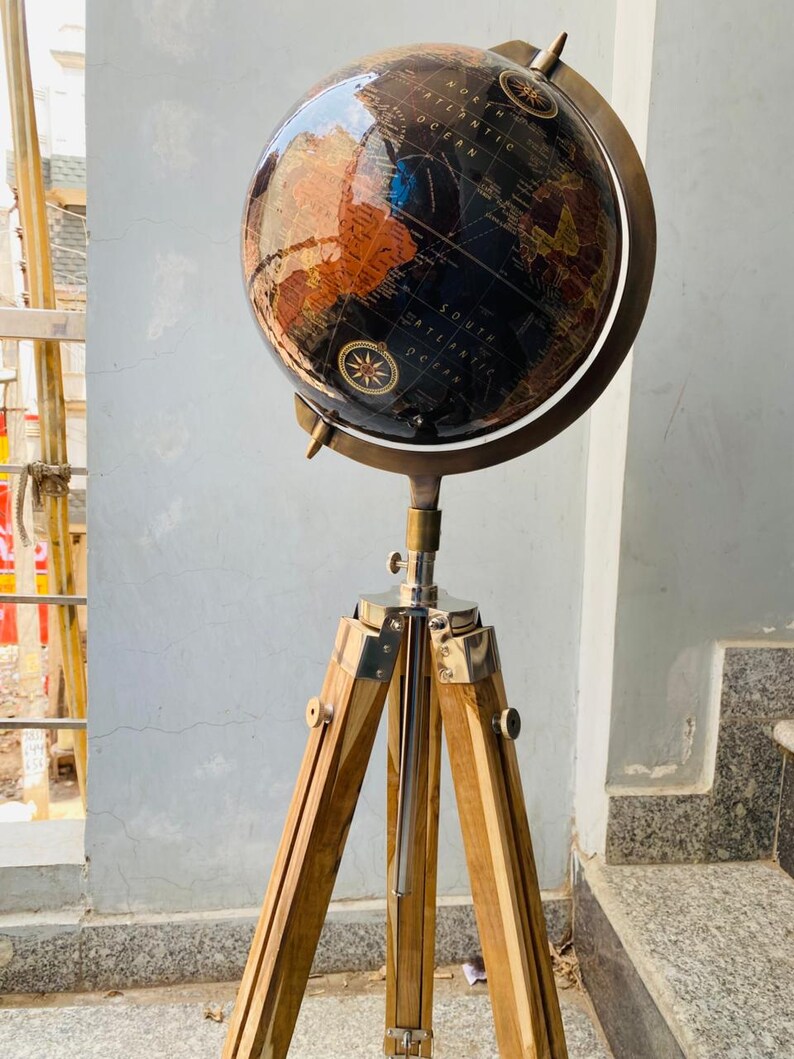 Large Dark Globe with Adjustable Wooden Tripod Stand and Brass Ring view 10