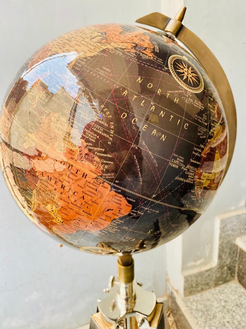 Large Dark Globe with Adjustable Wooden Tripod Stand and Brass Ring view 11