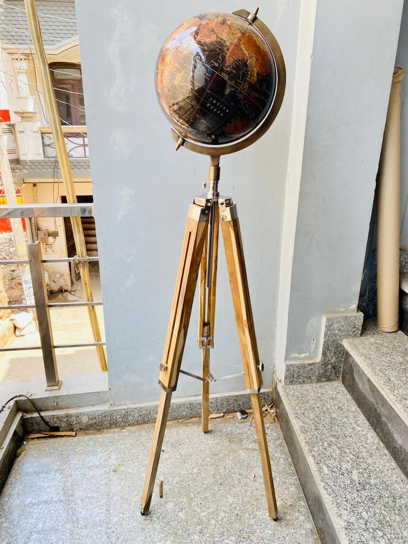 Large Dark Globe with Adjustable Wooden Tripod Stand and Brass Ring view 12