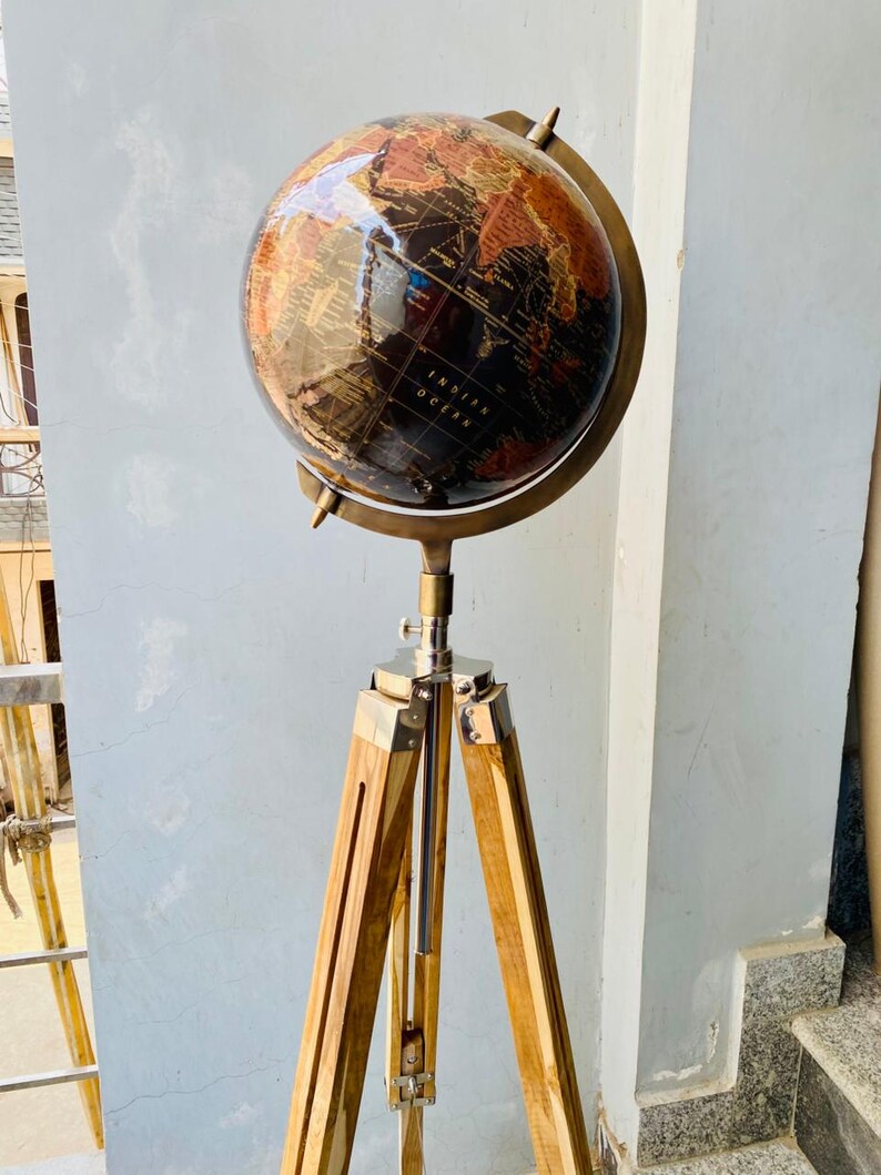 Large Dark Globe with Adjustable Wooden Tripod Stand and Brass Ring view 13