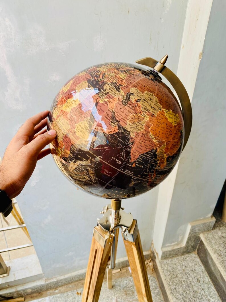 Large Dark Globe with Adjustable Wooden Tripod Stand and Brass Ring view 14