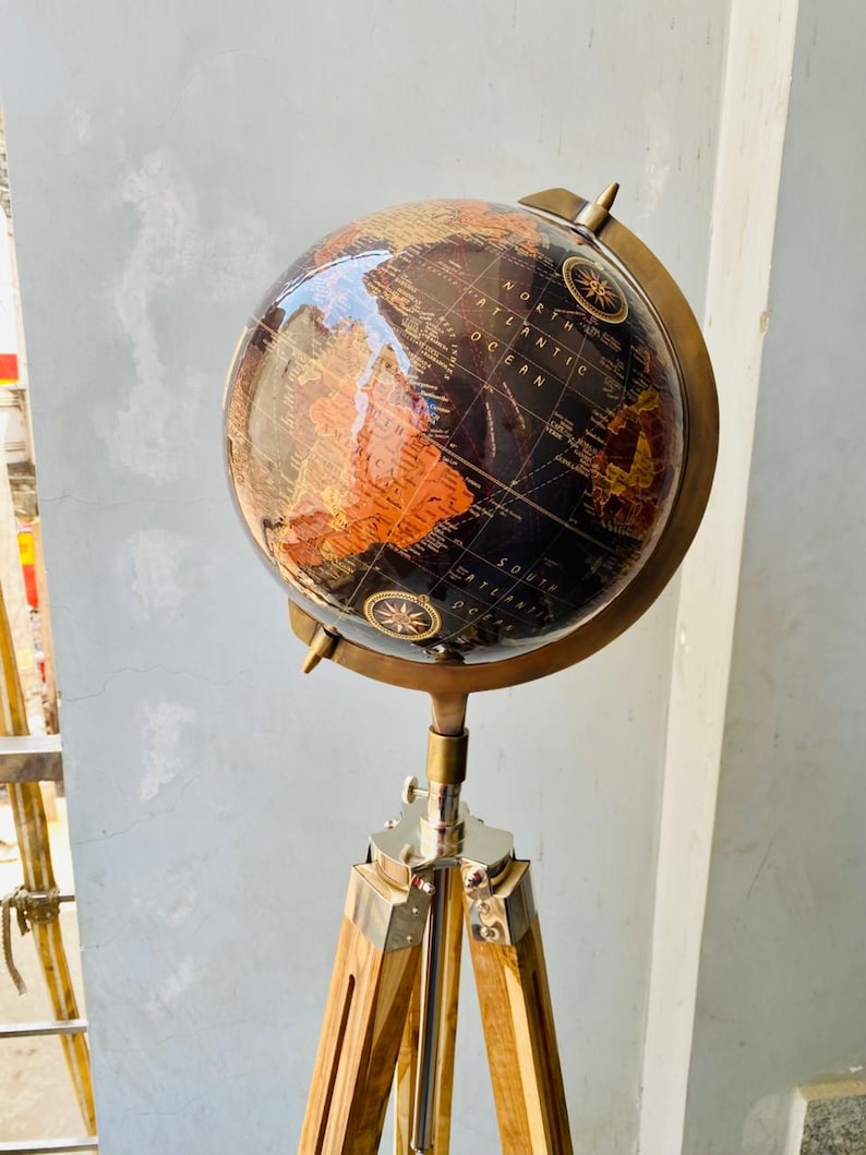 Large Dark Globe with Adjustable Wooden Tripod Stand and Brass Ring view 15