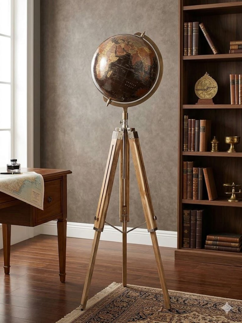 Large Dark Globe with Adjustable Wooden Tripod Stand and Brass Ring view 16