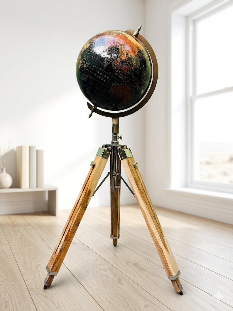 Large Globe with Adjustable Wooden Tripod Stand and Brass Ring, Variant B view 16