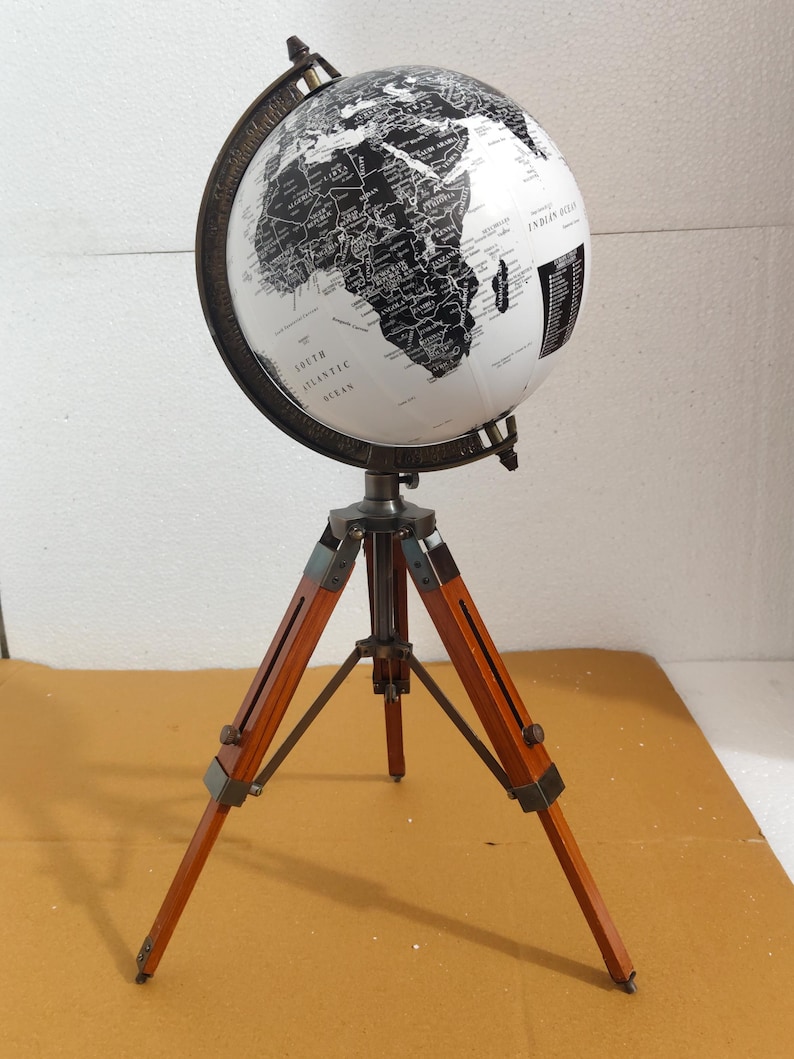 Vintage Globe with Black and White Map on Adjustable Wooden Tripod Stand view 2