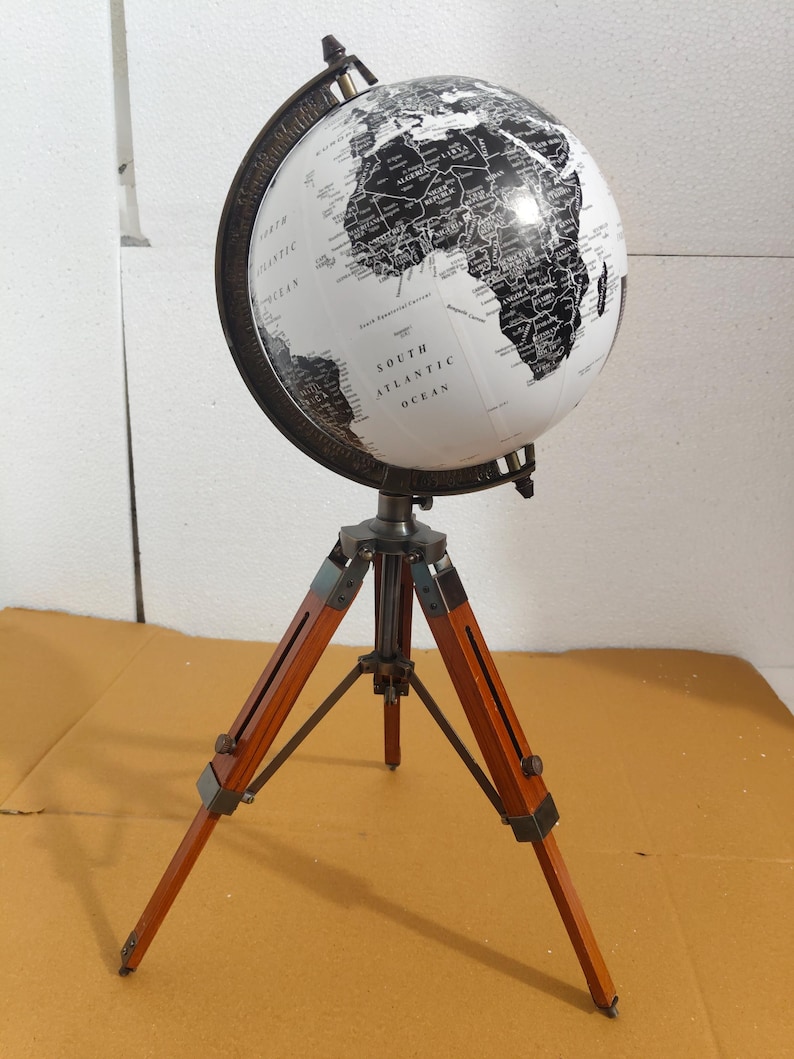 Vintage Globe with Black and White Map on Adjustable Wooden Tripod Stand view 4