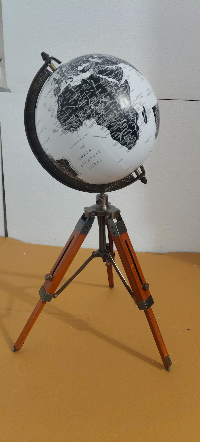 Vintage Globe with Black and White Map on Adjustable Wooden Tripod Stand view 5