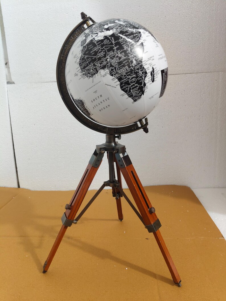 Vintage Globe with Black and White Map on Adjustable Wooden Tripod Stand view 6