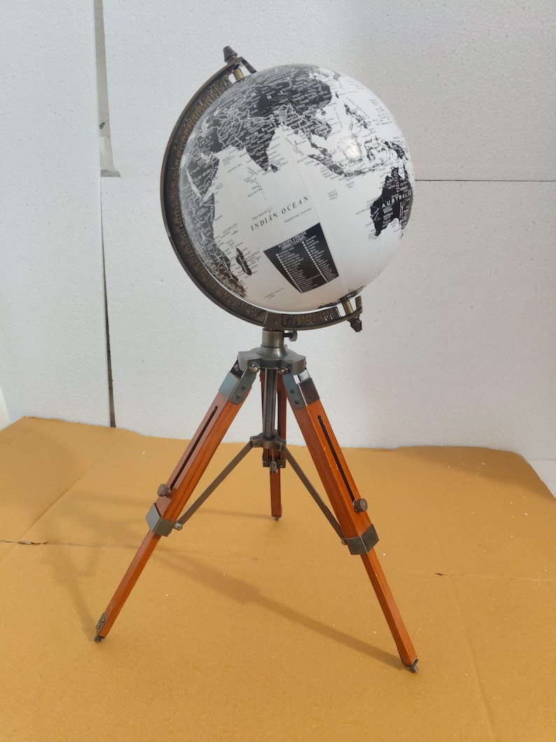 Vintage Globe with Black and White Map on Adjustable Wooden Tripod Stand view 7