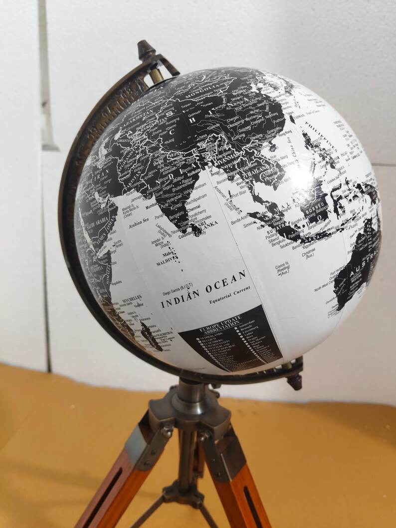 Vintage Globe with Black and White Map on Adjustable Wooden Tripod Stand view 9