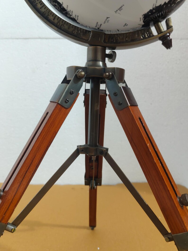 Vintage Globe with Black and White Map on Adjustable Wooden Tripod Stand view 11