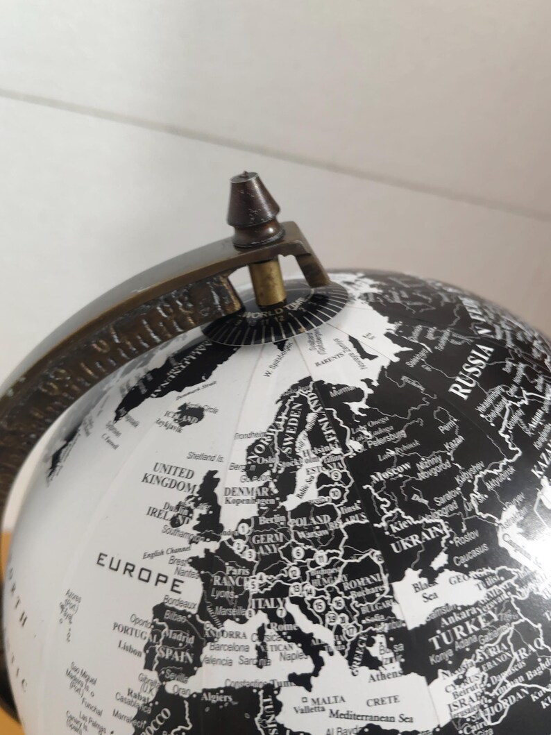 Vintage Globe with Black and White Map on Adjustable Wooden Tripod Stand view 12