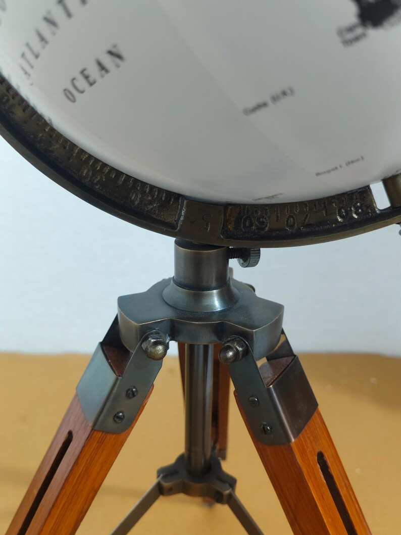 Vintage Globe with Black and White Map on Adjustable Wooden Tripod Stand view 13