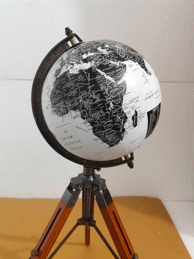 Vintage Globe with Black and White Map on Adjustable Wooden Tripod Stand view 15