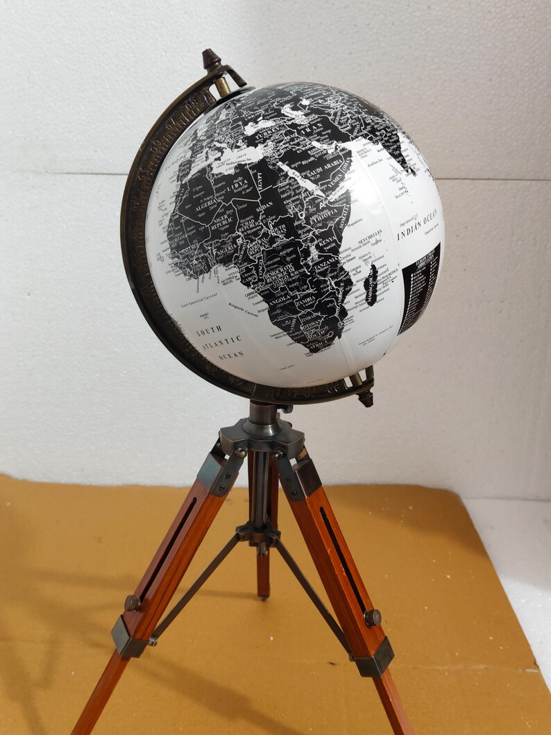 Vintage Globe with Black and White Map on Adjustable Wooden Tripod Stand view 16