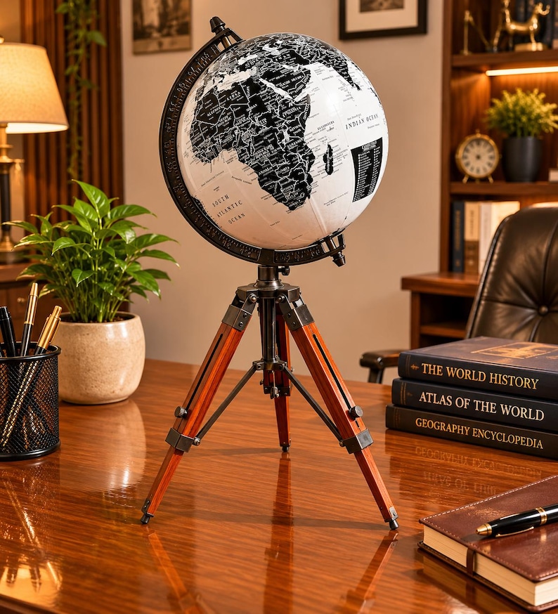 Vintage Globe with Black and White Map on Adjustable Wooden Tripod Stand view 18