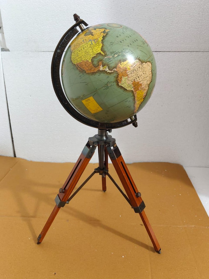 Vintage Globe with Green Map on Polished Wooden Tripod Stand view 2
