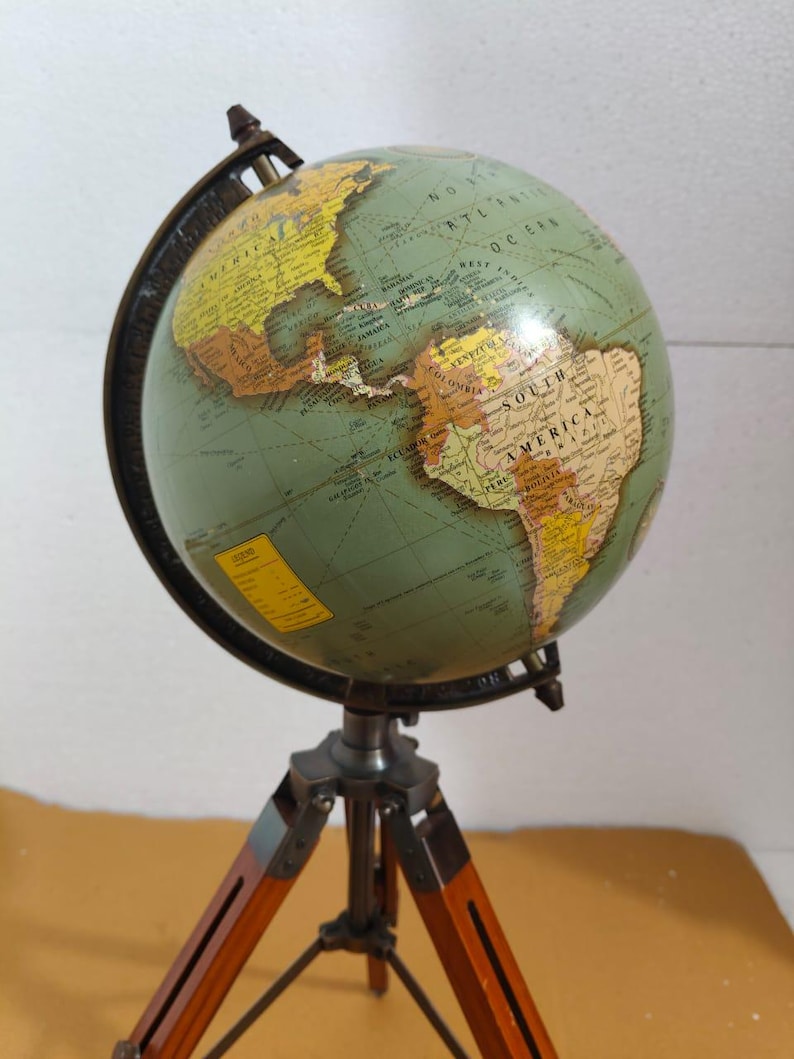Vintage Globe with Green Map on Polished Wooden Tripod Stand view 3