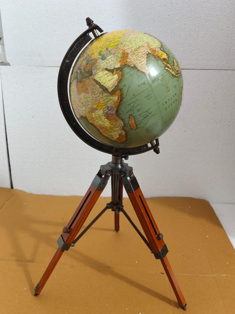 Vintage Globe with Green Map on Polished Wooden Tripod Stand view 6