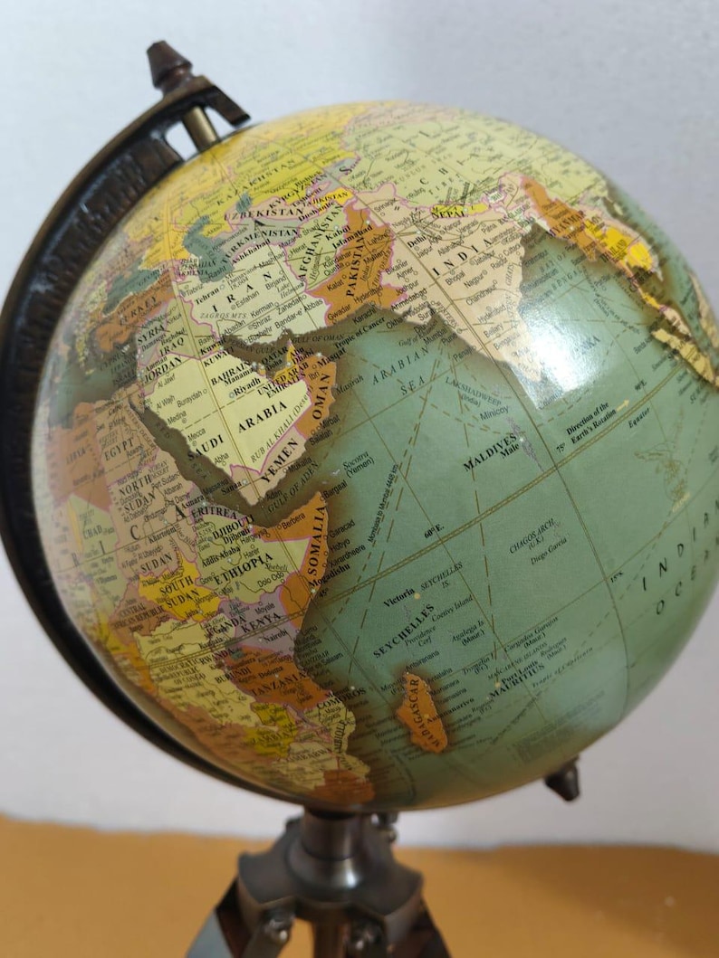 Vintage Globe with Green Map on Polished Wooden Tripod Stand view 7