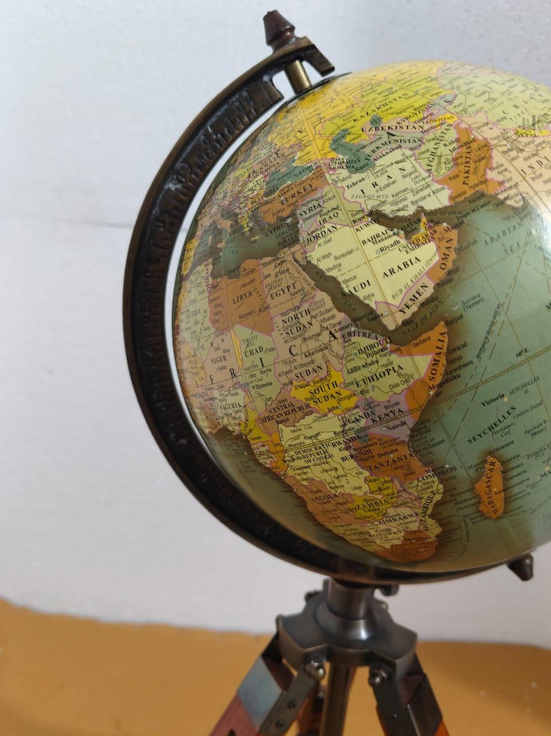 Vintage Globe with Green Map on Polished Wooden Tripod Stand view 8
