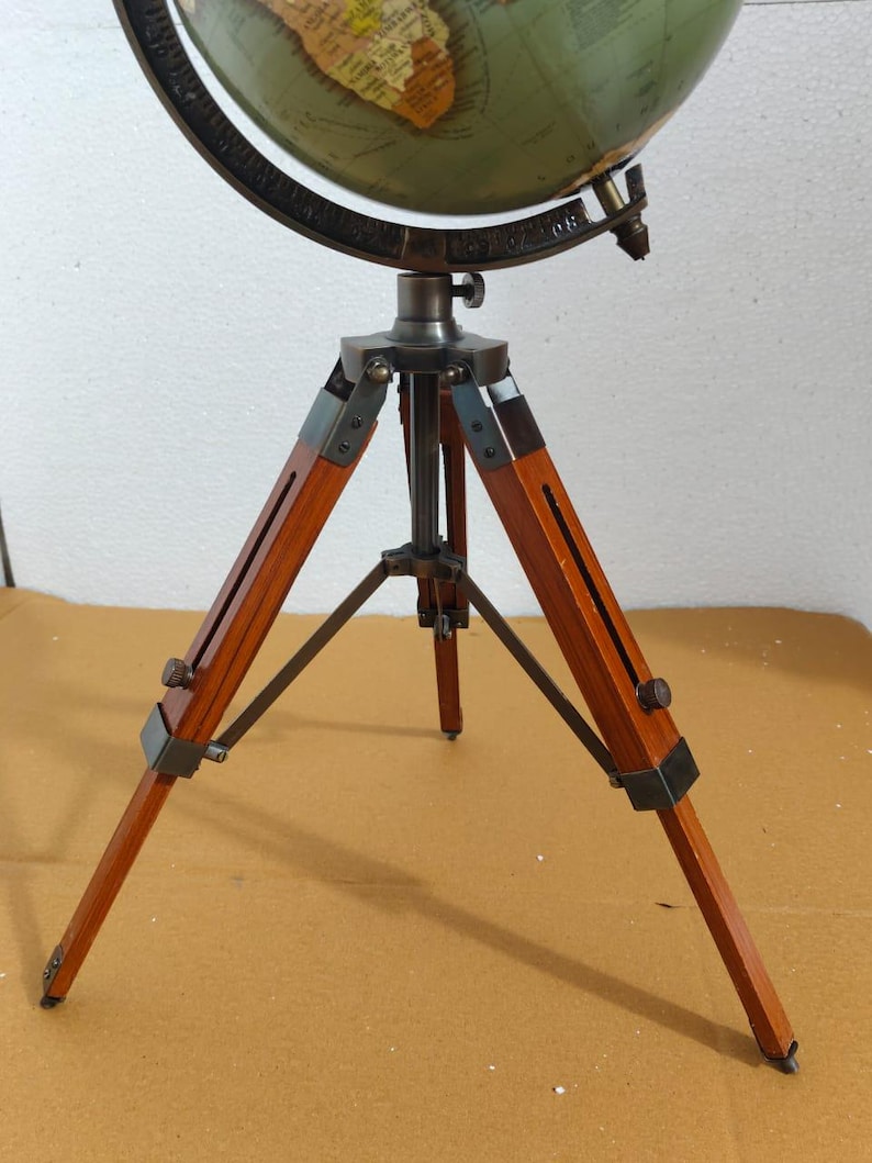 Vintage Globe with Green Map on Polished Wooden Tripod Stand view 9