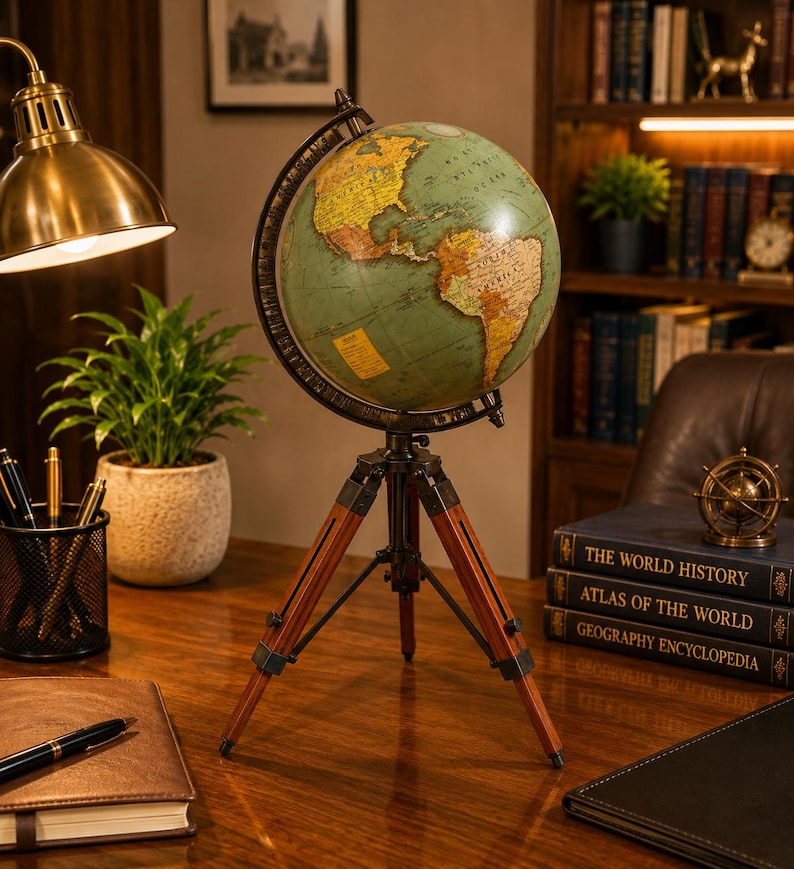 Vintage Globe with Green Map on Polished Wooden Tripod Stand view 10