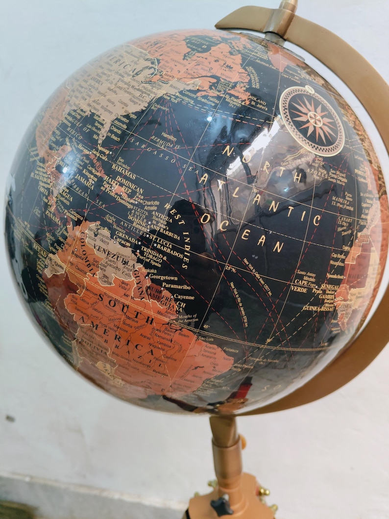 Large Dark Globe with Antique Brass Ring on Adjustable Wooden Tripod Stand view 2