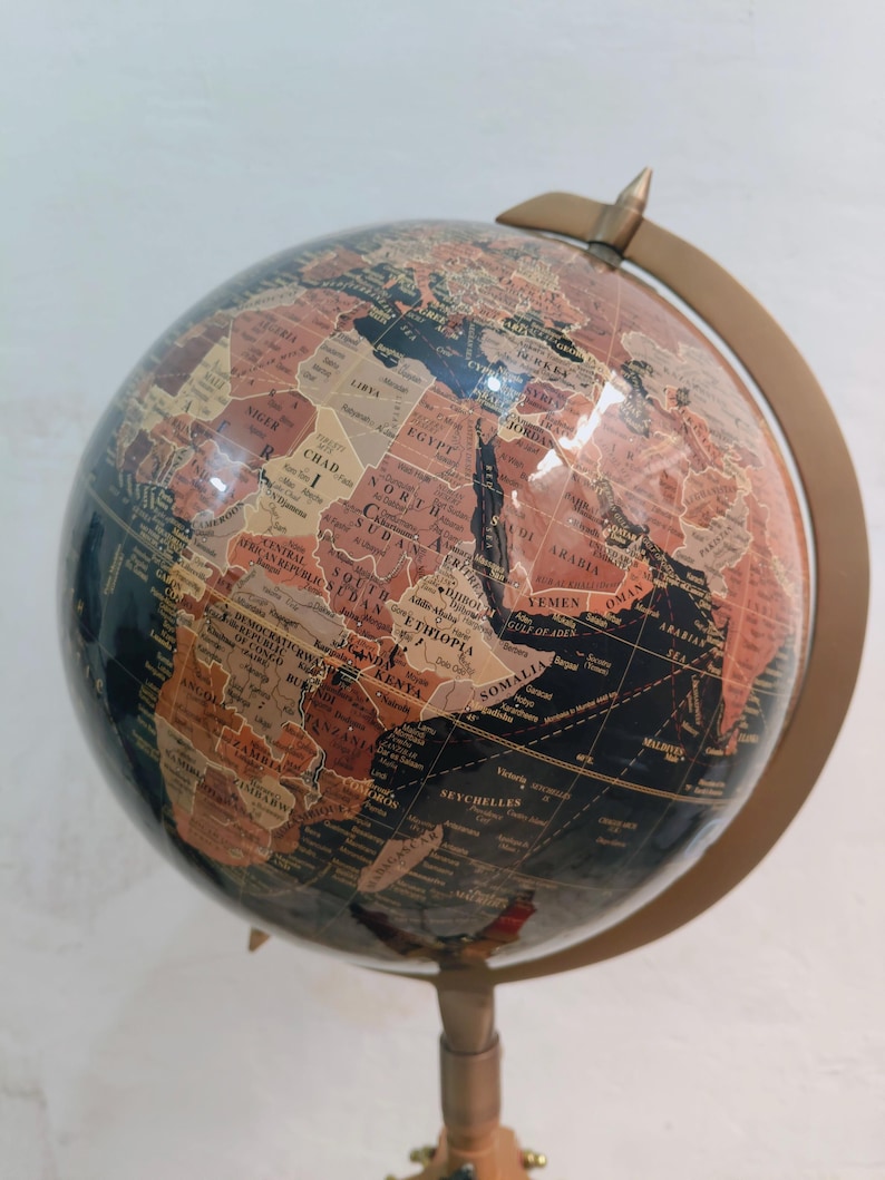 Large Dark Globe with Antique Brass Ring on Adjustable Wooden Tripod Stand view 3