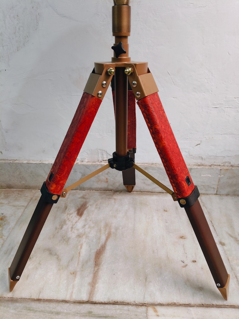Large Dark Globe with Antique Brass Ring on Adjustable Wooden Tripod Stand view 5